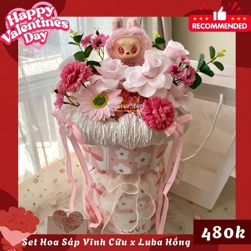 Set Quà Valentine Gấu Bông & Hoa Sáp Labu Hồng 15 10