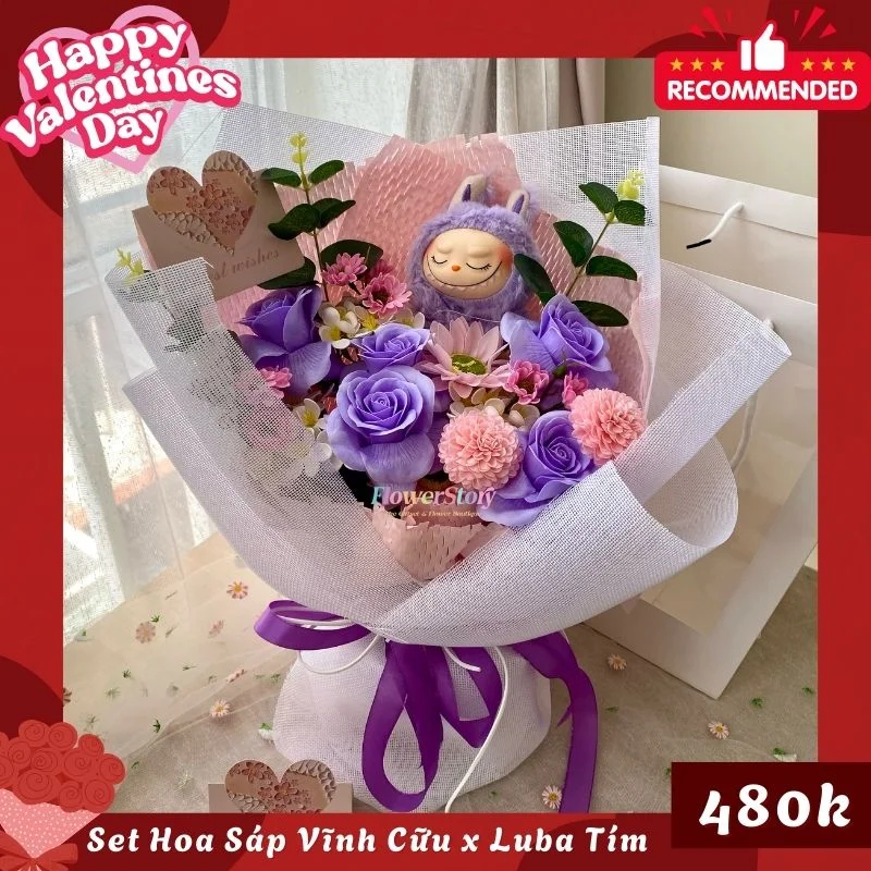 Set Quà Valentine Gấu Bông & Hoa Sáp Labu Tím 16 11 1