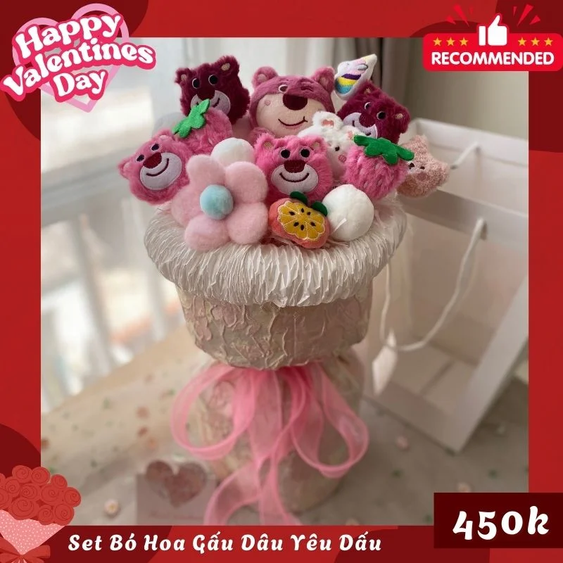 Set Quà Valentine Bó Hoa Gấu Dâu Yêu Tình Đầu 4 12 1