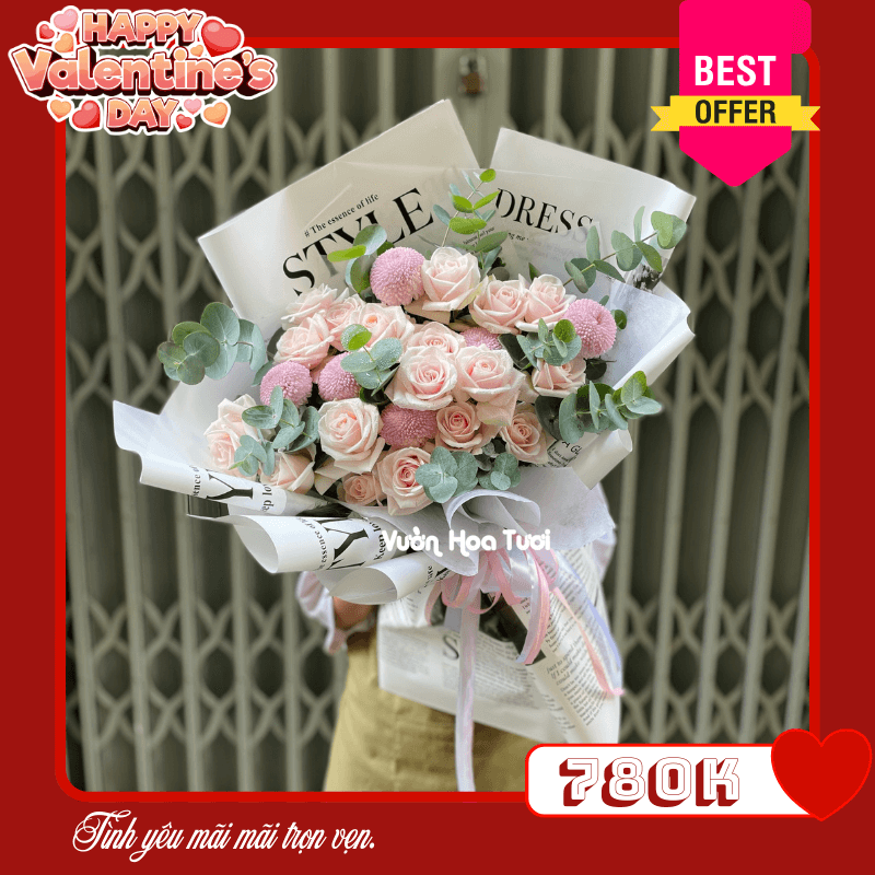 Hoa Valentine Bó Hoa Hồng Kem Ping Hồng 18 18