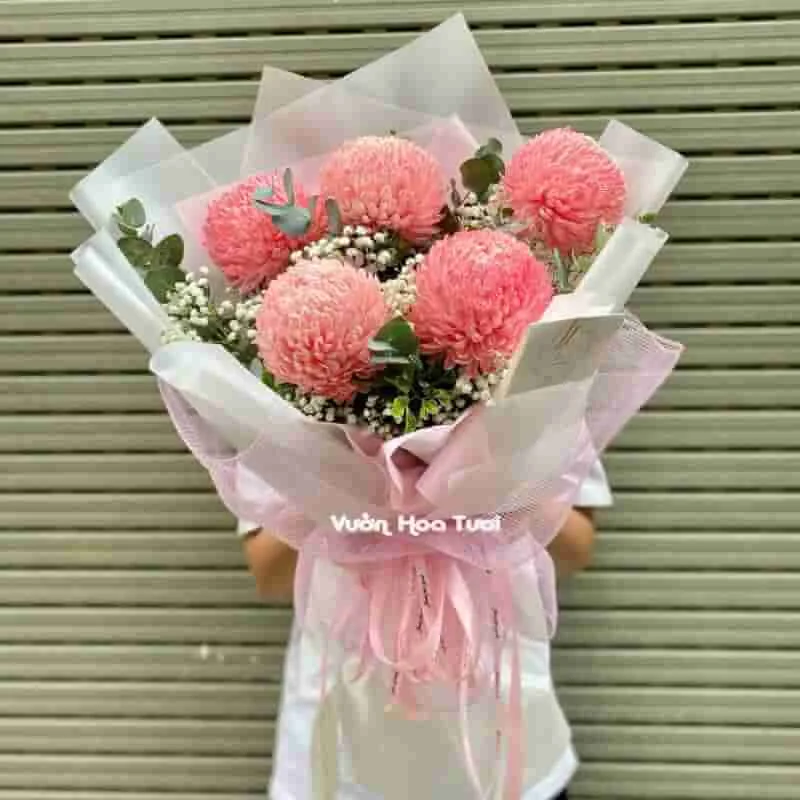 Bó Hoa Cúc Mẫu Đơn Đỏ Nhạt 05 Bông 15 Bo Hoa Cuc Mau Don 05 Bong Do Nhat