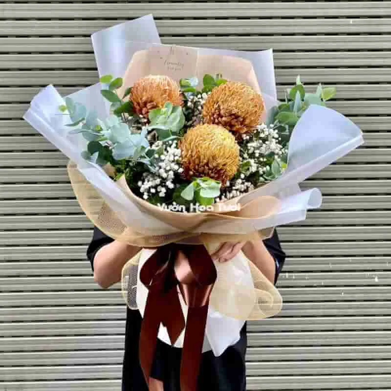 Bó Hoa Cúc Mẫu Đơn Nâu Vàng 03 Bông 8 Bo Hoa Cuc Mau Don Nau Vang 03 Bong