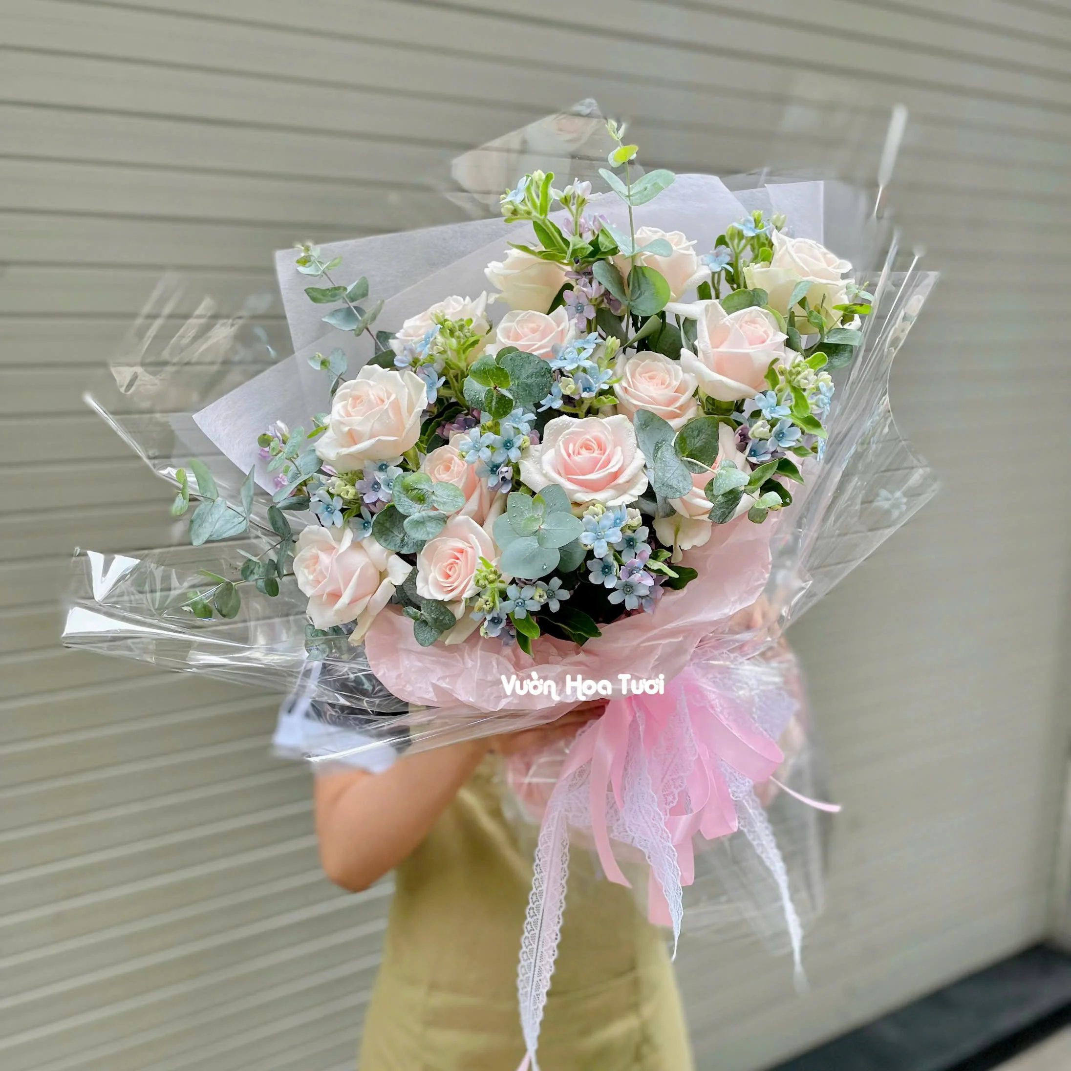 Bó Hoa Hồng Kem Dâu WhiteSky Garden 16 Bo Hoa Hong Sinh Nhat Phoi Sao Xanh jpg