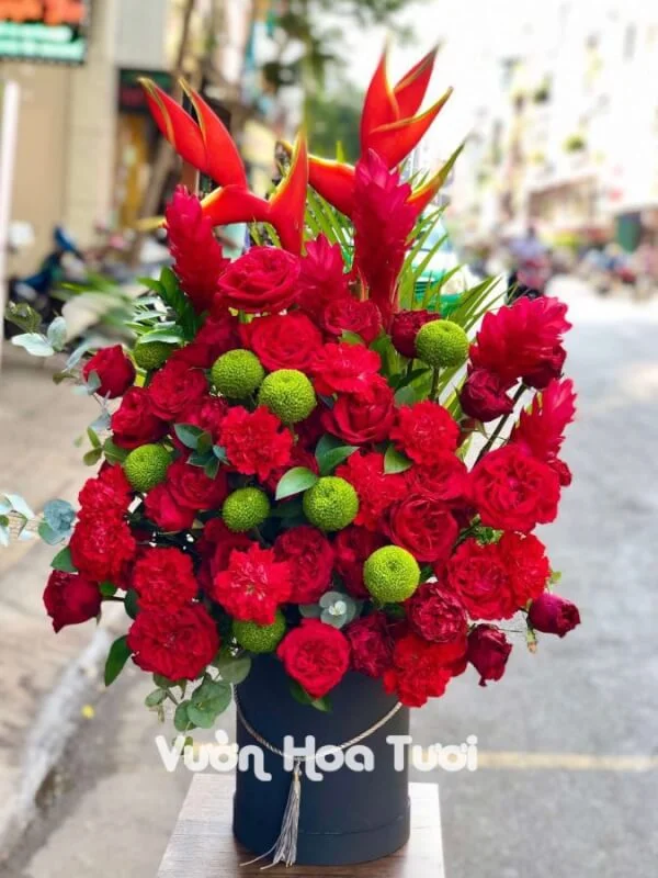 Lẵng Hoa Hồng Ohara Đỏ Ping Pong Xanh <br> Khai Trương Thịnh Vượng 1 Lang Hoa Hong Ohara Do Ping Pong Xanh