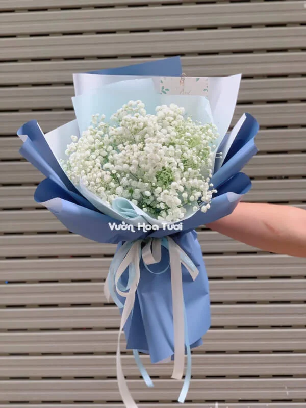 bó hoa baby trắng Mini giấy xanh 9 bo hoa baby trang giay