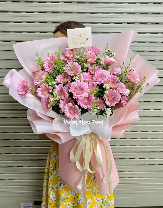 Bó Hoa Đồng Tiền Hồng Rạng Ngời Niềm Vui 7 bo hoa dong tien hong lon